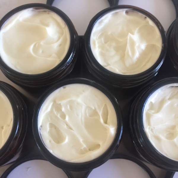 Hand made Aromatherapy Cream cooling in the greenhouse kitchen!